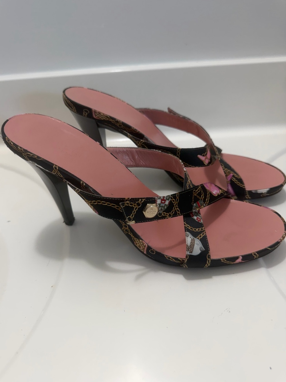 Gucci Pink and Black Chain-Print Heeled Slide Sandals